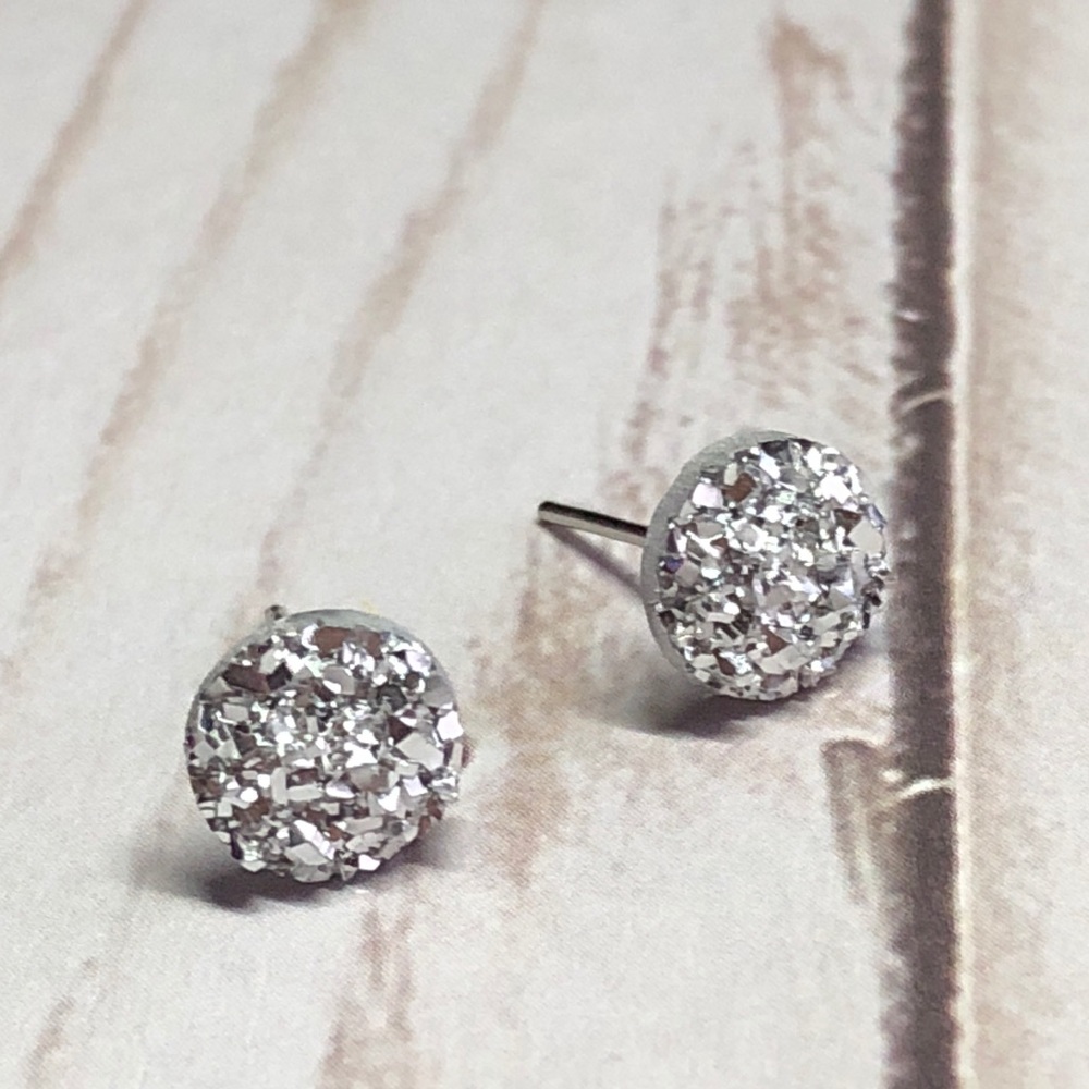 Silver Faux Druzy 8mm Post Back Stud Earrings! - Picture 7 of 16